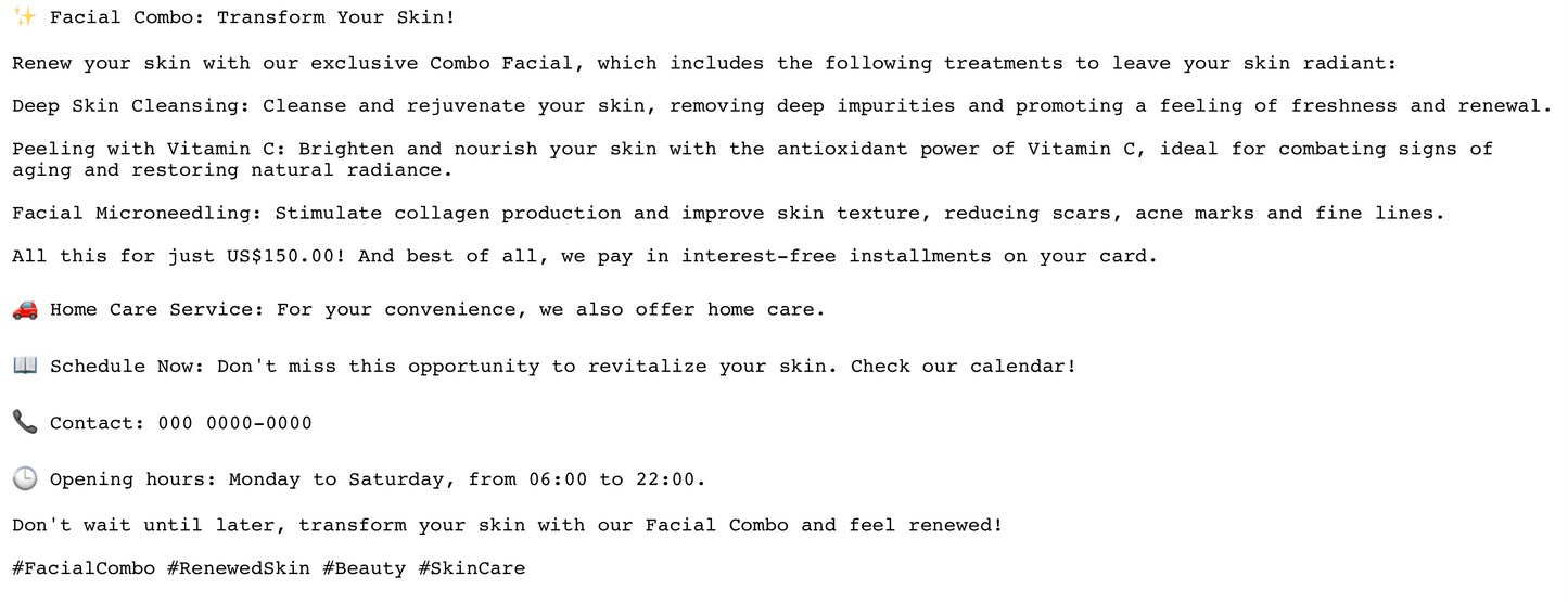 FREE DOCUMENT -WRITTEN DESCRIPTIONS OF TREATMENTS , INCUDING HASHTAGS .EDIT THEM ACCORDINGLY