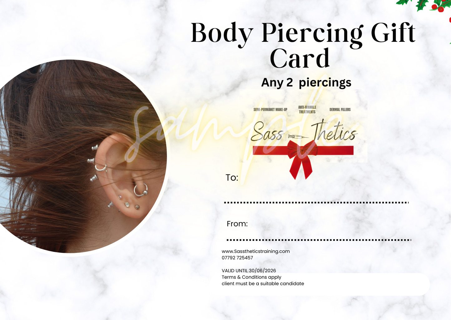 Gift Voucher any 2 BODY PIERCINGS💋RRP £50