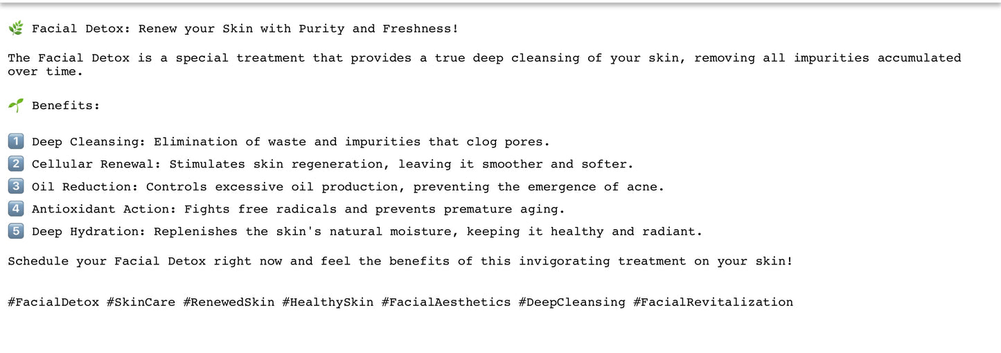FREE DOCUMENT -WRITTEN DESCRIPTIONS OF TREATMENTS , INCUDING HASHTAGS .EDIT THEM ACCORDINGLY