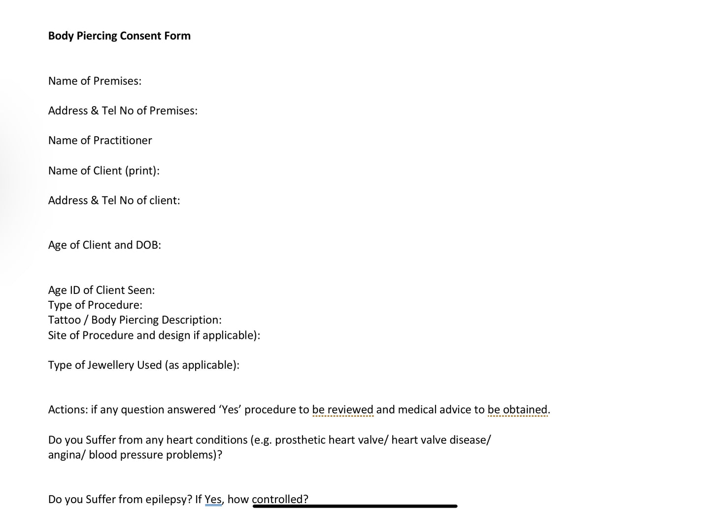 FREE DOCUMENT. BODY PIERCING CONSENT FORM .EDIT THEM ACCORDINGLY