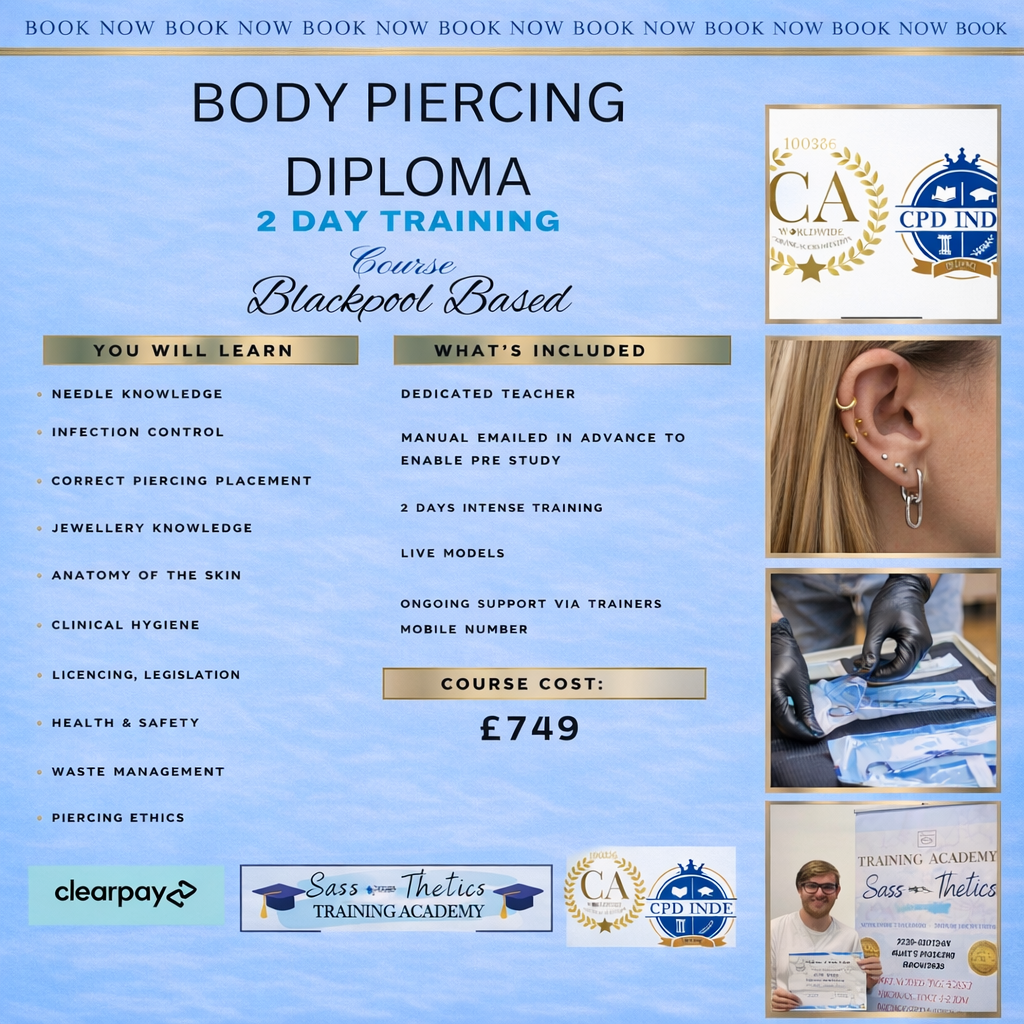 


Body Piercing Diploma course advertisement with training details and course fees on a blue background.
