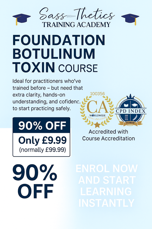 Foundation botulinum toxin online training course poster showing 90% off offer, Sassthetics Training Academy branding and accredited course logos.