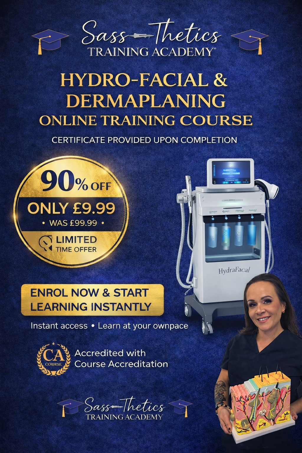 Advertisement for Sass-Thetics Training Academy's Hydro-Facial & Dermaplaning online training course with promotional offer.