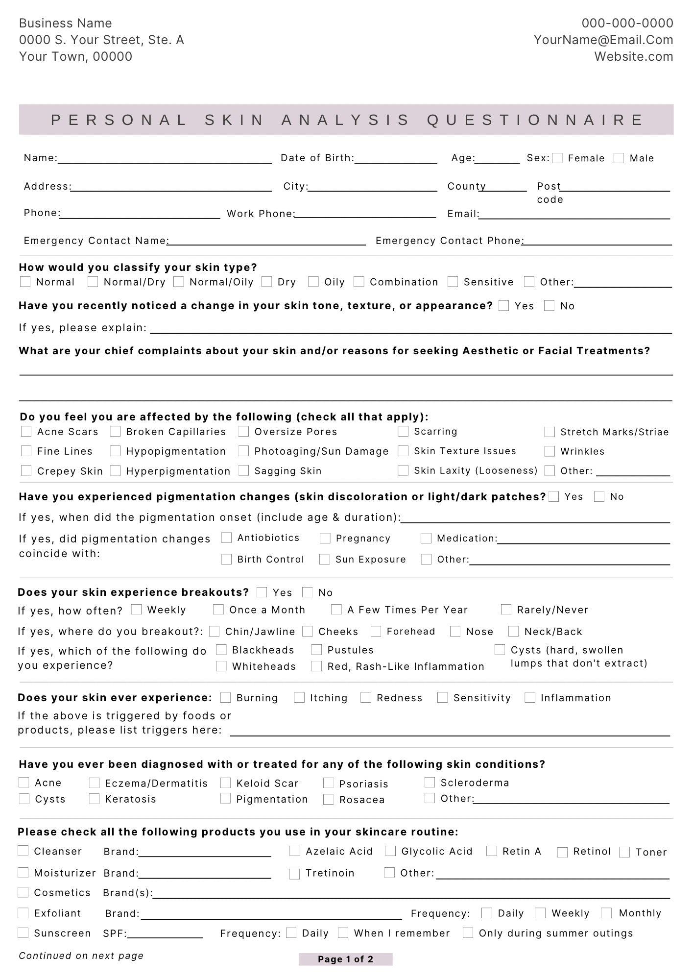 FREE DOCUMENT. SKIN ANALYSIS FORM .EDIT THEM ACCORDINGLY