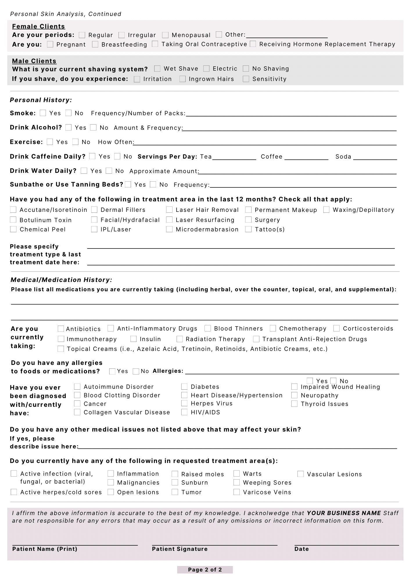 FREE DOCUMENT. SKIN ANALYSIS FORM .EDIT THEM ACCORDINGLY