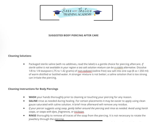 FREE DOCUMENT. BODY PIERCING AFTER CARE FORM .EDIT THEM ACCORDINGLY