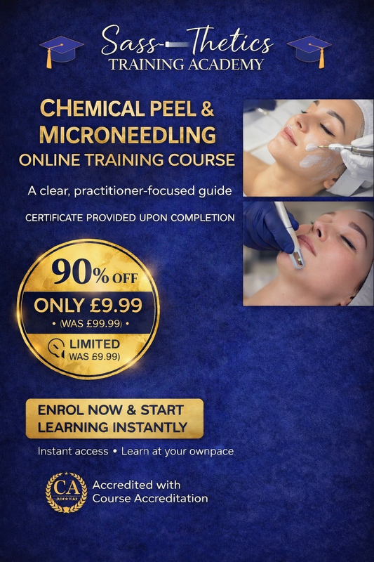 Advertisement for Sass-Thetics Training Academy's Chemical Peel & Microneedling online training course with promotional offer on a blue background.