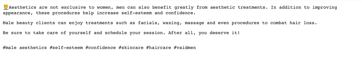 FREE DOCUMENT -WRITTEN DESCRIPTIONS OF TREATMENTS , INCUDING HASHTAGS .EDIT THEM ACCORDINGLY