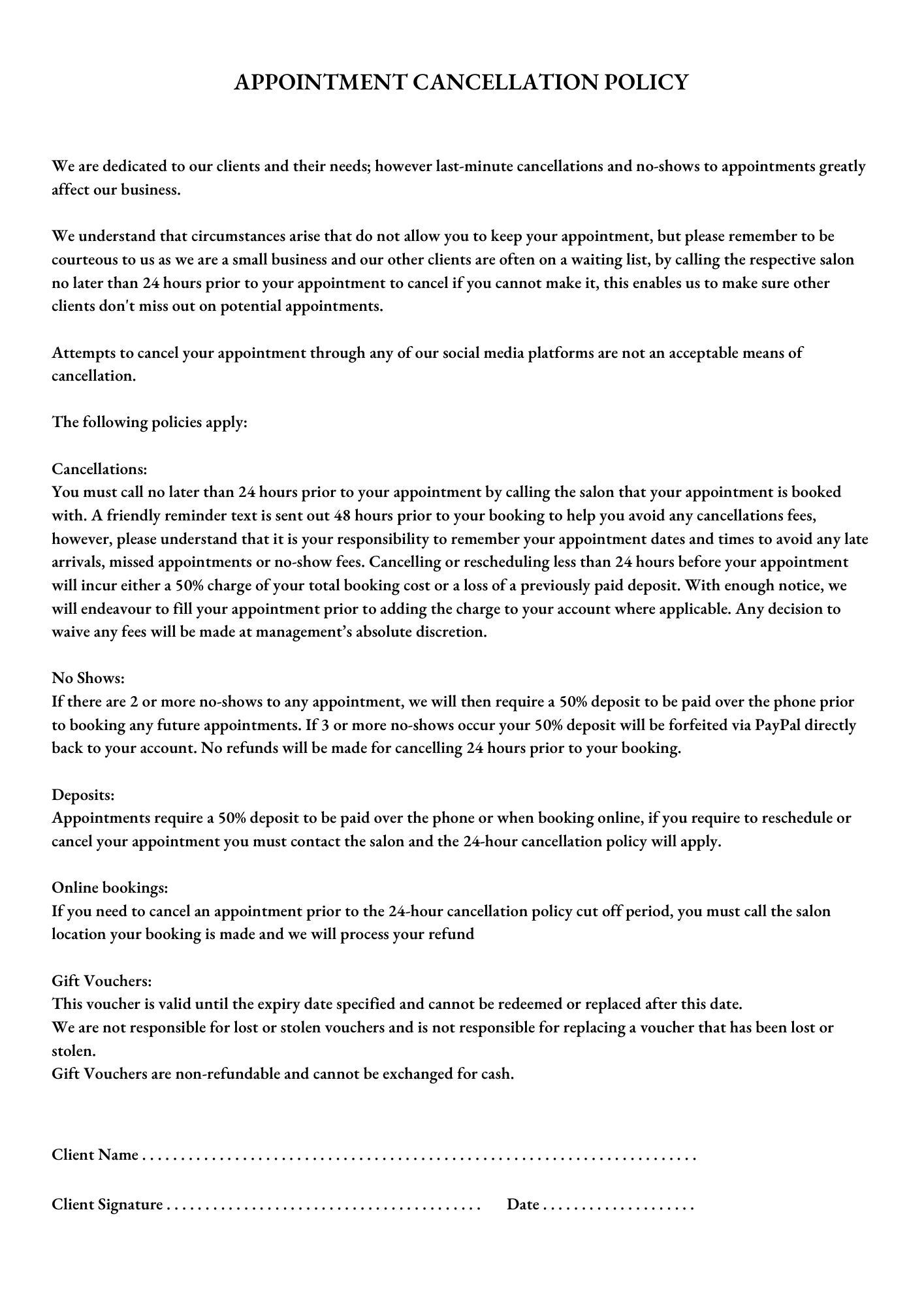 FREE DOCUMENT -CANCELATION POLICY for practitioners . EDIT THEM ACCORDINGLY