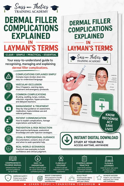 Dermal Filler Complications Explained in Layman’s Terms training manual by Sassthetics Training Academy covering vascular occlusion, facial anatomy, complication recognition, emergency management and patient safety for aesthetic practitioners.
