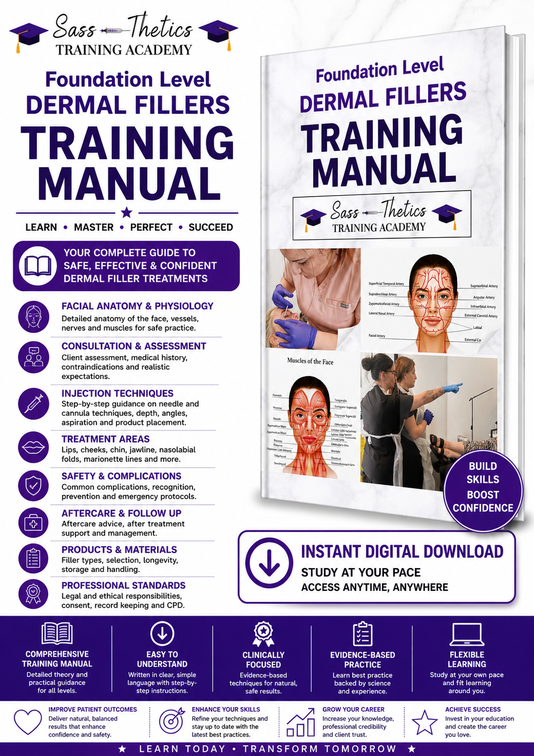 Skin Boosters & Polynucleotide Training Manual digital PDF by Sassthetics Training Academy featuring facial anatomy, injection techniques, consultation guidance and aesthetic treatment education